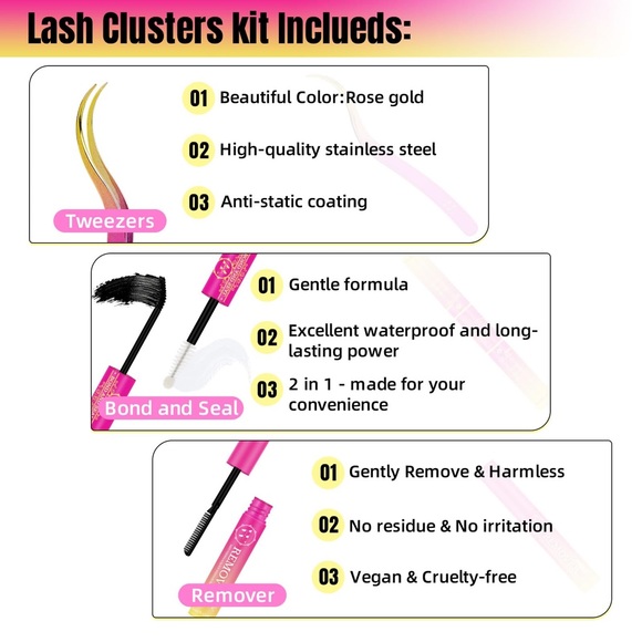 DIY Lash Extension Kit w/72 Pcs D Curl Cluster Lashes Bond & Seal Lashes Remover - Picture 4 of 9